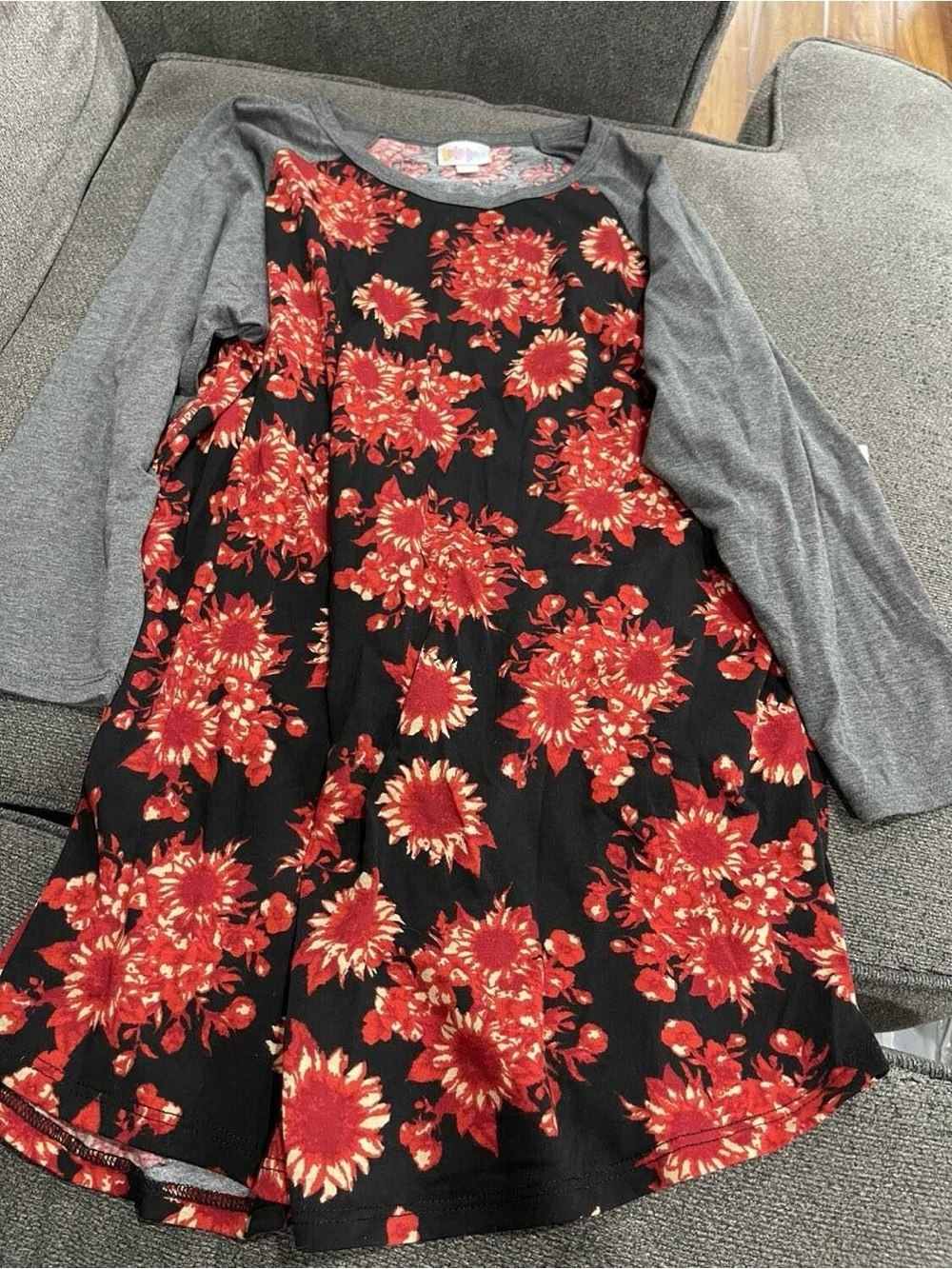 LuLaRoe Black Randy Top with Red Floral Print and Gray Raglan Sleeves